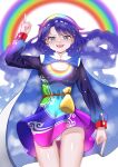  1girl absurdres adapted_costume ailu_elf bag blue_eyes blue_hair cape day dress highres multicolored multicolored_clothes multicolored_dress multicolored_hairband panties pantyshot pointing pointing_down pointing_up rainbow rainbow_gradient rainbow_print sky sky_print solo starry_sky_print tenkyuu_chimata touhou two-sided_cape two-sided_fabric underwear white_background white_panties 