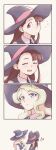  !? 2girls blonde_hair blue_eyes blush brown_hair closed_eyes closed_mouth diana_cavendish eyebrows_behind_hair hat highres kagari_atsuko little_witch_academia long_hair luna_nova_school_uniform multiple_girls parted_lips red_eyes school_uniform tonton_(mathcaca24) witch_hat 