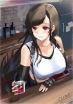  1girl alcohol arm_rest artist_name bangs bar black_hair blush bottle bracer breasts cleavage cliov commission counter crop_top cup earrings elbow_gloves final_fantasy final_fantasy_vii final_fantasy_vii_remake fingerless_gloves gloves highres holding holding_cup jewelry large_breasts leaning liquor long_hair low-tied_long_hair midriff parted_lips red_eyes refrigerator solo straight_hair suspenders tank_top tifa_lockhart upper_body white_tank_top 