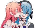  2girls bare_shoulders blue_eyes blue_hair blush closed_eyes commentary facing_another gomiyama hair_between_eyes hololive hoshimachi_suisei kiss kissing_cheek long_hair multiple_girls open_mouth pink_hair sakura_miko sketch smile star_(symbol) upper_body virtual_youtuber white_background yuri 