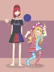  2girls american_flag_dress american_flag_legwear barefoot black_shirt blonde_hair choker clownpiece earth_(ornament) eyebrows_visible_through_hair hair_between_eyes hat hecatia_lapislazuli jester_cap moon_(ornament) multicolored multicolored_clothes multicolored_skirt multiple_girls neck_ruff pantyhose pointing pointing_up polka_dot polos_crown purple_eyes red_eyes red_hair sakikagami shirt skirt smile touhou translated 