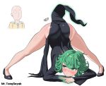  1boy 1girl :/ artist_name ass bald black_dress blush closed_mouth curly_hair curvy dress flipped_hair floating glowing glowing_hand green_eyes green_hair high_heels highres jack-o&#039;_challenge levitation mr_tangsuyuk one-punch_man plump saitama_(one-punch_man) short_hair side_slit simple_background solo_focus spread_legs sweatdrop tatsumaki telekinesis thighs top-down_bottom-up white_background yellow_jumpsuit 