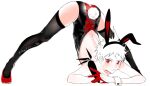  1boy ahoge animal_ears arm_rest ass bangs bare_shoulders black_legwear black_leotard blush collarbone crossdressing danganronpa_(series) danganronpa_2:_goodbye_despair fake_animal_ears flexible full_body gloves highres hinata_hajime hinata_hajime_(awakened) jack-o&#039;_challenge leotard looking_at_viewer male_focus male_playboy_bunny pale_skin pose rabbit_ears rabbit_tail red_eyes red_footwear red_leotard short_hair simple_background smile solo spoilers spread_legs strapless strapless_leotard symbol-only_commentary tail thighhighs top-down_bottom-up tuteurfars_shin twitter_username white_background wrist_cuffs 