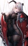  1girl absurdly_long_hair aegir_(azur_lane) azur_lane bangs black_cape black_gloves black_skirt bodystocking boots breast_curtains breasts broken broken_chain cape chain commentary_request covered_navel cowboy_shot cross cross-laced_clothes cross_earrings demon_horns earrings elbow_gloves eyebrows_visible_through_hair eyes_visible_through_hair from_below gloves hair_between_eyes hair_on_horn highres horns iron_cross jewelry knee_boots large_breasts long_hair looking_at_viewer multicolored_hair open_mouth oyuwari red_hair simple_background single_knee_boot skindentation skirt solo standing streaked_hair taut_clothes underbust very_long_hair white_background white_hair yellow_eyes 