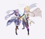  1boy 1girl aether_(genshin_impact) blonde_hair braid braided_ponytail from_above genshin_impact highres holding holding_weapon keqing_(genshin_impact) md5_mismatch nyantcha purple_eyes purple_hair resolution_mismatch source_smaller sparks sword twintails weapon yellow_eyes 