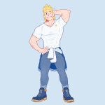  1boy absurdres alternate_costume arm_behind_head bara blonde_hair blue_pants boku_no_hero_academia bulge casual clothes_around_waist denim feraltintinsimp full_body hand_on_hip highres jacket jacket_around_waist jeans male_focus muscular muscular_male navel one_eye_closed pants pants_rolled_up pectorals scar_on_arm shirt shoes short_hair solo thighs togata_mirio white_shirt 