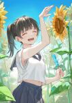  1girl ao+beni arm_up artist_name bangs belly blue_skirt blue_sky blush brown_hair candy closed_eyes commentary flower food happy highres holding holding_candy holding_food ice_cream leaf medium_hair navel open_mouth original ponytail shirt skirt sky smile solo standing sunflower white_shirt 