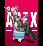  1girl absurdres apex_legends artpatient backpack bag bangs beige_tank_top black_pants blue_gloves colored_skin cosplay crossed_legs d.o.c._health_drone detached_sleeves gloves green_belt green_eyes grey_hair grey_skin headband heterochromia highres hololive hololive_indonesia kureiji_ollie lifeline_(apex_legends) lifeline_(apex_legends)_(cosplay) logo looking_to_the_side multicolored_hair open_mouth pants red_hair sitting smile solo stitched_face two-tone_hair v virtual_youtuber white_headband yellow_eyes zombie 