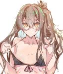  1girl absurdres areola_slip areolae bangs bikini bikini_pull black_bikini blue_hair blush breasts brown_hair closed_mouth clothes_pull colored_inner_hair crossed_bangs e_sky_rugo front-tie_bikini front-tie_top girls&#039;_frontline hair_between_eyes hands_in_hair highres looking_at_viewer multicolored_hair one_side_up orange_eyes pulled_by_self sanpaku scar scar_across_eye simple_background sketch small_breasts solo swimsuit two-tone_hair ump45_(girls&#039;_frontline) upper_body white_background 