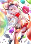  1girl animal animal_ears balloon black_legwear blush bow bowtie cheese dutch_angle fake_animal_ears food frilled_sleeves frills granblue_fantasy hair_bow hair_ornament haku_u_0818 holding holding_animal holding_balloon holding_food kneehighs loafers long_hair long_sleeves looking_at_viewer midair midriff miniskirt mouse mouse_ears multicolored_bow navel open_mouth orange_eyes pleated_skirt red_eyes red_neckwear sailor_collar shoes signature skirt smile standing underskirt vikala_(granblue_fantasy) white_background white_hair white_sailor_collar 