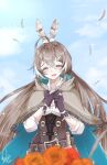  1girl bangs brown_hair cloak cloud eyebrows_visible_through_hair feather_hair_ornament feathers flower gloves hair_ornament hairclip highres hololive hololive_english long_hair multicolored_hair nanashi_mumei open_mouth ponytail sky smile solo streaked_hair virtual_youtuber zikryzero 