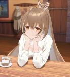  1girl ahoge arashi_k blurry blurry_background breasts brown_eyes brown_hair cleavage cleavage_cutout cloak_removed clothing_cutout cup door feather_hair_ornament feathers hair_ornament hairclip head_rest highres hololive hololive_english long_hair long_sleeves looking_at_viewer nanashi_mumei sitting smile solo table tea teacup very_long_hair virtual_youtuber 