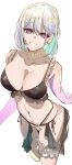  1girl arms_at_sides bad_id bad_twitter_id black_bra black_panties blue_hair bra breasts character_request cleavage cowboy_shot e_sky_rugo eyebrows_visible_through_hair girls&#039;_frontline grey_hair head_tilt highres large_breasts leg_garter looking_at_viewer medium_hair multicolored_hair panties purple_eyes rpk-16_(girls&#039;_frontline) shiny shiny_hair side-tie_panties simple_background sketch smile solo standing thigh_strap two-tone_hair underwear white_background 