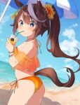  1girl absurdres animal_ears artist_name beach bikini blue_eyes brown_hair cowboy_shot day drink drinking drinking_straw frilled_bikini frills hair_between_eyes halterneck highres holding holding_drink horse_ears horse_girl horse_tail long_hair multicolored_hair nut_megu ocean orange_bikini parasol side-tie_bikini signature solo string_bikini swimsuit tail tokai_teio_(umamusume) two-tone_hair umamusume umbrella white_hair 