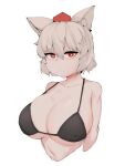  1girl animal_ear_fluff animal_ears bangs bare_shoulders bikini breasts bright_pupils cleavage closed_mouth collarbone covered_nipples cropped_torso doro_au eyebrows_visible_through_hair hair_between_eyes hat inubashiri_momiji large_breasts looking_at_viewer mole mole_on_breast navel red_eyes red_headwear short_hair simple_background solo sweat swimsuit tokin_hat touhou upper_body white_background white_hair white_pupils wolf_ears 