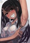  1girl arm_behind_head arm_up armpits artist_name black_hair collared_shirt ear_piercing facebook_username grin hair_ornament hairclip highres ijiranaide_nagatoro-san instagram_username nagatoro_hayase open_collar piercing pixiv_id reddit_username shiny shiny_hair shirt short_sleeves simple_background sleeve_tug smile sweat sweaty_clothes teeth twitter_username wet wet_hair white_background white_shirt 