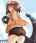  1girl anchor arms_behind_back ass bike_shorts bird cloud from_behind from_below guilty_gear guilty_gear_xx highres jacket looking_at_viewer looking_back may_(guilty_gear) orange_jacket outdoors seagull skull_and_crossbones sky smile solo venomrobo 