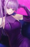  1girl arm_up bangs bare_shoulders blunt_bangs bow breasts closed_mouth collarbone covered_collarbone cowboy_shot danganronpa:_trigger_happy_havoc danganronpa_(series) danganronpa_10th_anniversary_costume dress elbow_gloves gloves hand_up kirigiri_kyouko large_breasts long_hair looking_at_viewer official_alternate_costume pink_background ponytail porary purple_bow purple_dress purple_eyes purple_hair shiny shiny_hair sleeveless smile solo strapless strapless_dress upper_body 