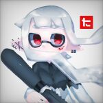  1girl blood blood_on_face covered_mouth earrings floating_hair grey_shirt holding holding_weapon ink inkling jewelry looking_at_viewer maco_spl pointy_ears red_eyes shirt simple_background solo splatoon_(series) water_gun watermark weapon white_background white_hair 