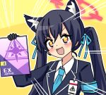  +_+ 1girl animal_ears armband black_hair blue_archive blush book cat_ears commentary_request fang gloves halo id_card kotowa looking_at_viewer open_mouth portrait red_eyes school_uniform serika_(blue_archive) simple_background solo yellow_background 
