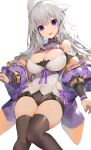  1girl :d akizone animal_ears bangs bare_shoulders black_legwear black_shorts blush breasts choker cleavage commentary eyebrows_visible_through_hair feet_out_of_frame grey_hair highres jacket large_breasts light_blush long_hair long_sleeves looking_at_viewer open_mouth original puffy_sleeves purple_choker purple_eyes purple_jacket purple_ribbon ribbon short_shorts shorts simple_background skindentation smile solo thighhighs white_background 