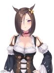  1girl air_groove_(umamusume) animal_ears blue_eyes blush breasts brown_hair choker cleavage commentary_request cosplay detached_sleeves ear_ornament eishin_flash_(umamusume) eishin_flash_(umamusume)_(cosplay) hair_over_one_eye hand_on_hip highres horse_ears horse_girl kin&#039;iro_dojo long_sleeves looking_at_viewer medium_breasts medium_hair parted_lips shoulder_strap signature simple_background solo umamusume upper_body white_background 