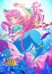  1girl air_bubble aqua_bra arm_up bangle blue_background blue_eyes blush bra bracelet bubble day fish full_body jewelry kawanobe laura_(precure) long_hair mermaid midriff monster_girl navel ocean outdoors pink_hair precure tropical-rouge!_precure tropical_fish underwater underwear 