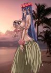  1girl bikini bikini_top blue_eyes blue_hair blush breasts choker dark-skinned_female dark_skin embarrassed flower from_side hair_between_eyes hair_flower hair_ornament head_wreath highres honjou_raita jewelry leaf_skirt long_hair mahou_shoujo_(raita) navel necklace palm_tree pearl_necklace perky_breasts photo_background pointy_breasts purple_choker red_flower scrunchie solo standing suzuhara_misae swimsuit tan tree very_long_hair wrist_scrunchie 