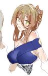  1girl :d blue_dress blush breasts brown_hair dress e_sky_rugo girls&#039;_frontline green_eyes hair_between_eyes hair_bun highres large_breasts looking_at_viewer open_mouth simple_background sketch smile solo springfield_(girls&#039;_frontline) upper_body white_background 