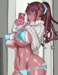  1girl aran_sweater bikini blue_bikini blush breasts brown_eyes brown_hair cellphone closed_mouth clothes_lift covered_nipples cowboy_shot dark-skinned_female dark_skin earrings hair_between_eyes hair_ornament hair_scrunchie highres holding holding_phone honjou_raita indoors jewelry kuramoto_erika mahou_shoujo_(raita) narrow_waist navel perky_breasts phone pointy_breasts ponytail scrunchie skindentation smartphone smartphone_case smile solo standing star_(symbol) star_earrings sweat sweater sweater_lift swimsuit tan untied untied_bikini v wet 