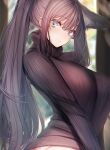  1girl amane_ruri animal_ears aqua_eyes breasts eyebrows_visible_through_hair from_side highres large_breasts looking_at_viewer original panties parted_lips ponytail ribbed_sweater solo sweater turtleneck turtleneck_sweater underwear upper_body 