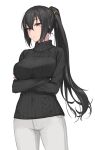  1girl alternate_costume alternate_hairstyle black_hair black_sweater breasts brown_eyes cowboy_shot crossed_arms highres kantai_collection large_breasts long_hair nagato_(kancolle) pants ponytail ribbed_sweater rokuwata_tomoe simple_background solo sweater turtleneck turtleneck_sweater white_background white_pants 