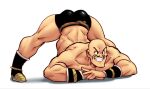  1boy ass bald black_shorts boots collarbone commentary dragon_ball dragon_ball_z english_commentary facial_hair furrowed_brow grin jack-o&#039;_challenge latex looking_at_viewer male_focus manly meme muscular muscular_male mustache nappa nortuet shirtless shorts smile solo thick_thighs thighs top-down_bottom-up v-shaped_eyebrows 