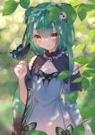  1girl absurdres aqua_hair blush breasts bug butterfly butterfly_on_hand double_bun forest haku_u_0818 highres hololive insect looking_at_viewer nail_polish nature orange_eyes outdoors pink_nails small_breasts smile standing tree uruha_rushia virtual_youtuber 