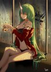  1girl absurdres arknights backlighting bare_legs black_bra black_panties bra breasts cleavage closed_mouth crossed_legs cup drink feet_out_of_frame green_hair highres holding holding_cup horns hoshiguma_(arknights) ice ice_cube indoors kawausoman lace-trimmed_panties lace_trim long_hair long_sleeves looking_at_viewer medium_breasts navel off_shoulder open_clothes open_shirt panties rain red_shirt reflection shirt signature single_horn sitting skin-covered_horns smile solo strap_gap strap_slip underwear very_long_hair wet window yellow_eyes 