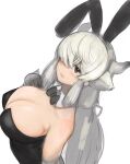  1girl animal_ears bangs bare_shoulders black_horns blush bow bowtie breasts cleavage detached_collar extra_ears eyebrows_visible_through_hair fake_animal_ears furrowed_brow gloves grey_hair grey_horns hair_over_one_eye hair_ribbon hand_up highres horns huge_breasts kemono_friends leotard long_hair multicolored_horns open_mouth ox_ears ox_horns playboy_bunny rabbit_ears ribbon shibori_kasu sidelocks simple_background sketch smile solo strapless strapless_leotard upper_body very_long_hair white_background wing_collar wrist_cuffs yak_(kemono_friends) 