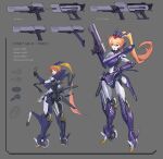  1girl bullet character_sheet commentary_request cyborg english_text extra_arms full_body grey_background gun hand_on_hip handgun headgear highres holding holding_gun holding_weapon joints long_hair looking_at_viewer magazine_(weapon) mechanical_arms mixed-language_commentary orange_eyes orange_hair original ponytail robot_joints science_fiction standing ushas very_long_hair weapon wheel 