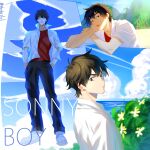  1boy :o asakaze_(sonny_boy) black_hair black_pants cloud copyright_name day hands_in_pockets highres hikarusorano looking_at_viewer multiple_views outdoors pants red_shirt shirt short_hair sonny_boy standing twitter_username white_footwear white_shirt 