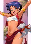  1girl :d armlet armpits arms_up bandeau bangs blurry blurry_background bob_cut commentary cropped_vest cub dark-skinned_female dark_skin dusk earrings fushigi_no_umi_no_nadia green_eyes hair_ornament hairclip highres hoop_earrings jewelry jumping king_(nadia) lion loincloth marimoppoi midriff nadia_la_arwall navel neckerchief necklace open_mouth outside_border palm_tree pelvic_curtain pendant purple_background purple_hair red_neckwear red_vest round_teeth short_hair smile solo strapless teeth tree tubetop upper_teeth vest white_bandeau 