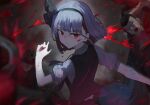  1boy 1girl 38_(sanjuuhachi) absurdres bangs black_hairband black_neckwear black_skirt black_vest blood blood_on_face blood_on_hands closed_mouth eyebrows_visible_through_hair hairband hand_up highres konpaku_youmu konpaku_youmu_(ghost) light looking_to_the_side puffy_short_sleeves puffy_sleeves red_eyes shadow shirt short_sleeves silver_hair skirt solo_focus touhou vest white_shirt 