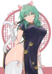  1girl :o animal_ears banned_artist bare_hips byleth_(fire_emblem) byleth_(fire_emblem)_(female) china_dress chinese_clothes collared_dress dress elbow_gloves fire_emblem fire_emblem:_three_houses gloves green_eyes green_hair hairband hand_fan highres leotard leotard_under_clothes looking_at_viewer shimizu_akina side_slit tail thighhighs white_legwear white_leotard 