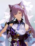  1girl :d bangs choker commentary_request detached_sleeves eyebrows_visible_through_hair genshin_impact hair_between_eyes hair_ornament index_finger_raised keqing_(genshin_impact) long_hair looking_at_viewer open_mouth pointing pointing_at_self purple_eyes purple_hair sidelocks simple_background smile solo twintails wide_sleeves yueko_(jiayue_wu) 