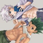  2boys abs blue_eyes brown_eyes closed_mouth clothes_lift gon_freecss green_hair holding holding_phone hunter_x_hunter killua_zoldyck lifted_by_self looking_at_viewer male_focus multiple_boys navel nipples pectorals phone risukoyama selfie shirt shirt_lift short_hair shorts spiked_hair taking_picture tank_top toned toned_male white_hair white_shirt white_tank_top 