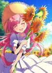  1girl artist_name blue_sky blush closed_eyes day facing_viewer field flower flower_field hat kawanobe long_hair original outdoors pink_hair school_uniform serafuku short_sleeves skirt sky solo straw_hat summer sunflower uniform white_skirt 