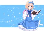  1girl alice_margatroid alice_margatroid_(pc-98) bag blonde_hair blue_eyes blue_neckwear blue_skirt book bow eyebrows_visible_through_hair frilled_skirt frills hairband holding holding_book lolita_hairband long_sleeves looking_at_viewer nanatuki13 open_mouth shirt short_hair skirt solo standing touhou touhou_(pc-98) white_shirt younger 