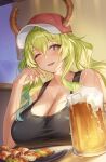  1girl alcohol bangs baseball_cap beer beer_mug black_tank_top blonde_hair blush breasts cleavage commentary cup dragon_girl dragon_horns elbow_rest eyebrows_visible_through_hair foam food hair_between_eyes hat highres horns horns_through_headwear kobayashi-san_chi_no_maidragon large_breasts long_hair lucoa_(maidragon) mug multicolored multicolored_eyes multicolored_hair one_eye_closed open_mouth plate pov_across_table purple_eyes slit_pupils smile solo sweat table tank_top tomogy upper_body wet yakitori yellow_eyes 