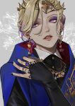  1boy arm_across_chest blonde_hair chain collared_shirt crown earrings emblem eyeshadow fingerless_gloves gloves gold_chain japanese_clothes jewelry makeup nail_polish necklace open_mouth patterned_background purple_eyes shirt simple_background smile solo takashi_(huzakenna) twisted_wonderland vil_schoenheit 