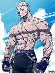  1boy abs bare_pectorals blazbluefairy chain character_request colored_skin dairoku_youhei fingerless_gloves gloves grey_skin large_pectorals looking_at_viewer male_focus male_swimwear mature_male medium_hair muscular muscular_male navel no_nipples official_art pectorals purple_belt scar scar_on_arm scar_on_cheek scar_on_chest scar_on_face scar_on_stomach sideburns sidecut solo spiked_hair stomach swim_trunks white_hair 