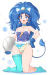  1girl animal_ears arakawa_tarou armpits ass_visible_through_thighs asymmetrical_legwear blue_choker blue_eyes blue_gloves blue_hair blue_legwear breasts choker cleavage collarbone crown_earrings cure_gelato earrings eyebrows_visible_through_hair full_body gloves hair_intakes hand_on_hip highres holding holding_plate jewelry kirakira_precure_a_la_mode kneeling lion_ears lion_tail long_hair panties plate precure shiny shiny_hair shiny_skin single_thighhigh small_breasts solo strapless tail tategami_aoi thigh_gap thighhighs underwear very_long_hair 