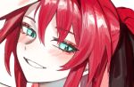 1girl atelier_live blush buttoniris close-up green_eyes kuzuryu_io looking_at_viewer parted_lips ponytail portrait red_hair simple_background slit_pupils smile solo white_background 